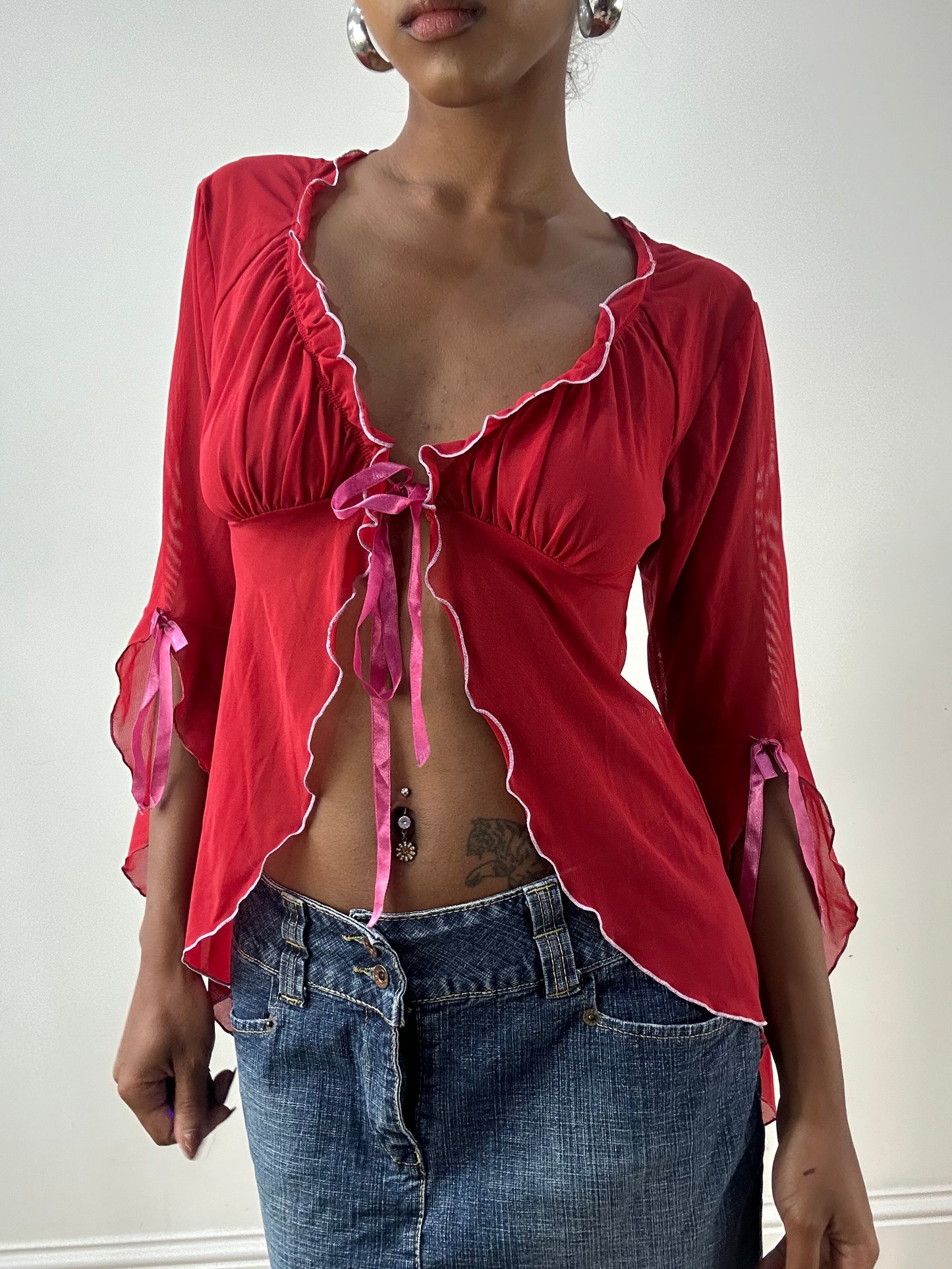 LFW edit | extra small red sheer tie up top with ribbon details