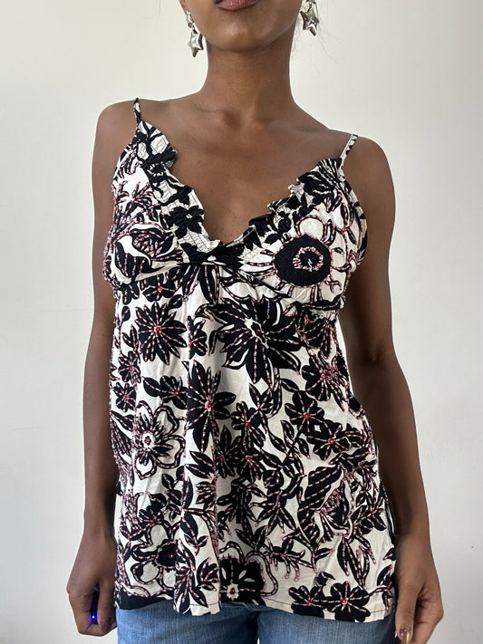 BEST PICKS | small white and black cami top with floral print