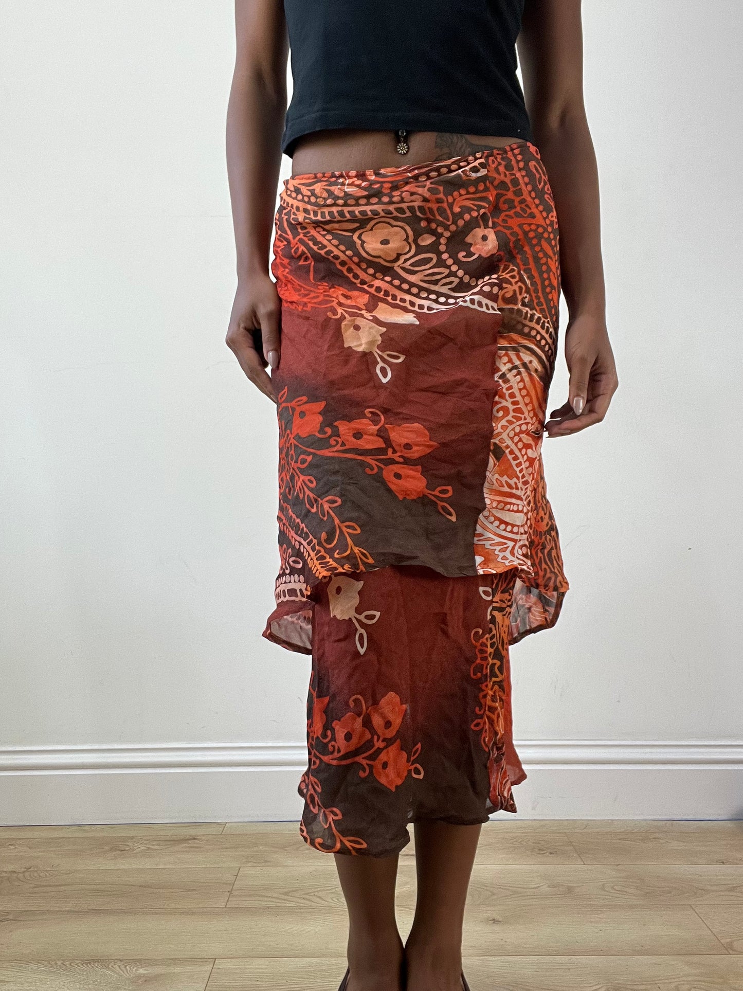 BEST PICKS | medium red mesh overlay midi skirt with floral print