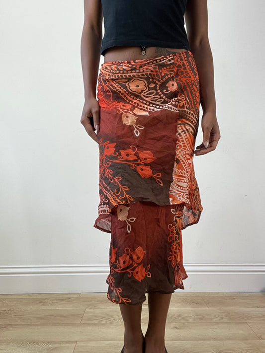BEST PICKS | medium red mesh overlay midi skirt with floral print