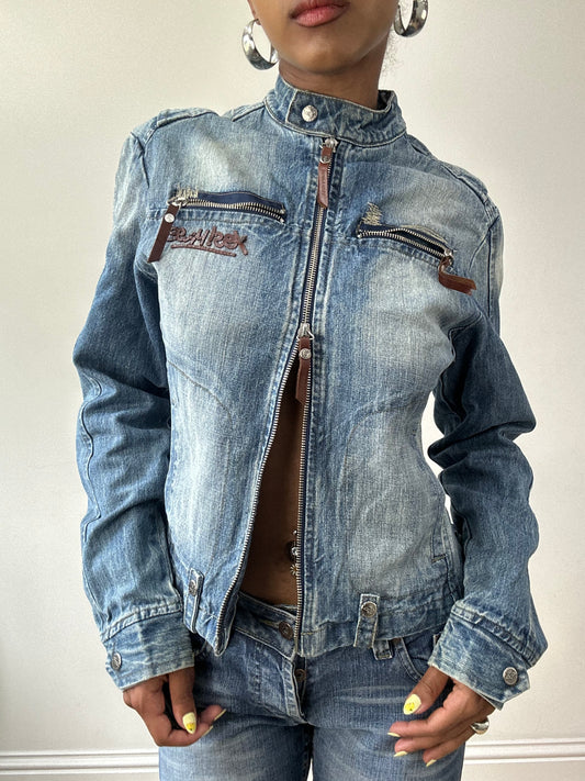 BEST PICKS | medium blue denim jacket with dual zip detail