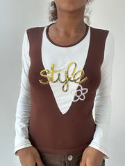 💻‼️ | small white and brown long sleeve top with sequin details