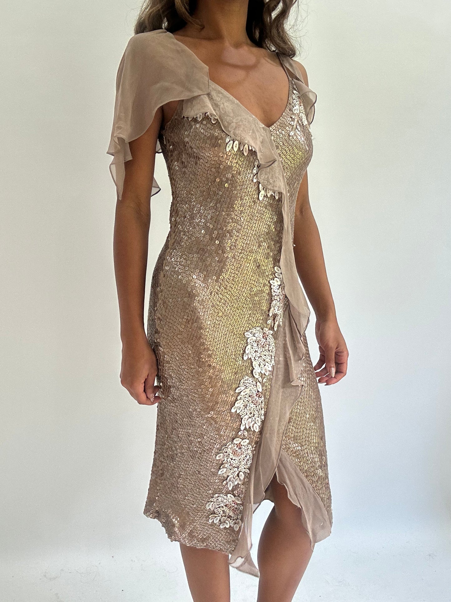 wedding guest drop | extra small/small beige sequin midi dress