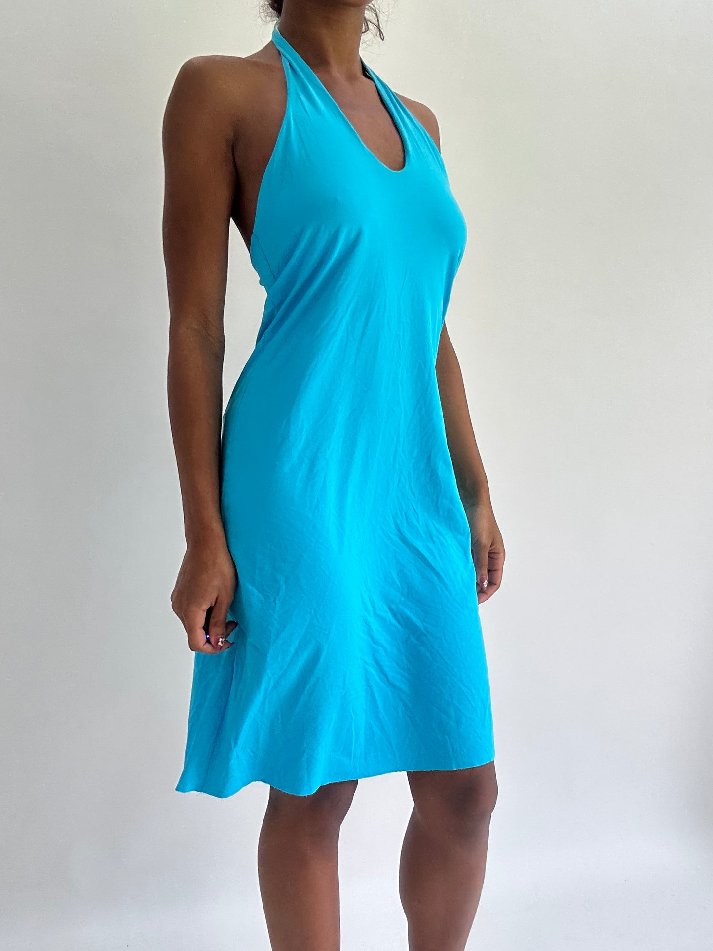 zara larsson drop | small blue halterneck midi dress