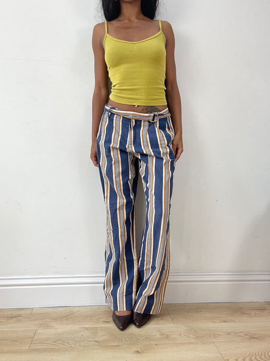 vintage edit twenty-five | medium blue and yellow striped trousers with belt detail