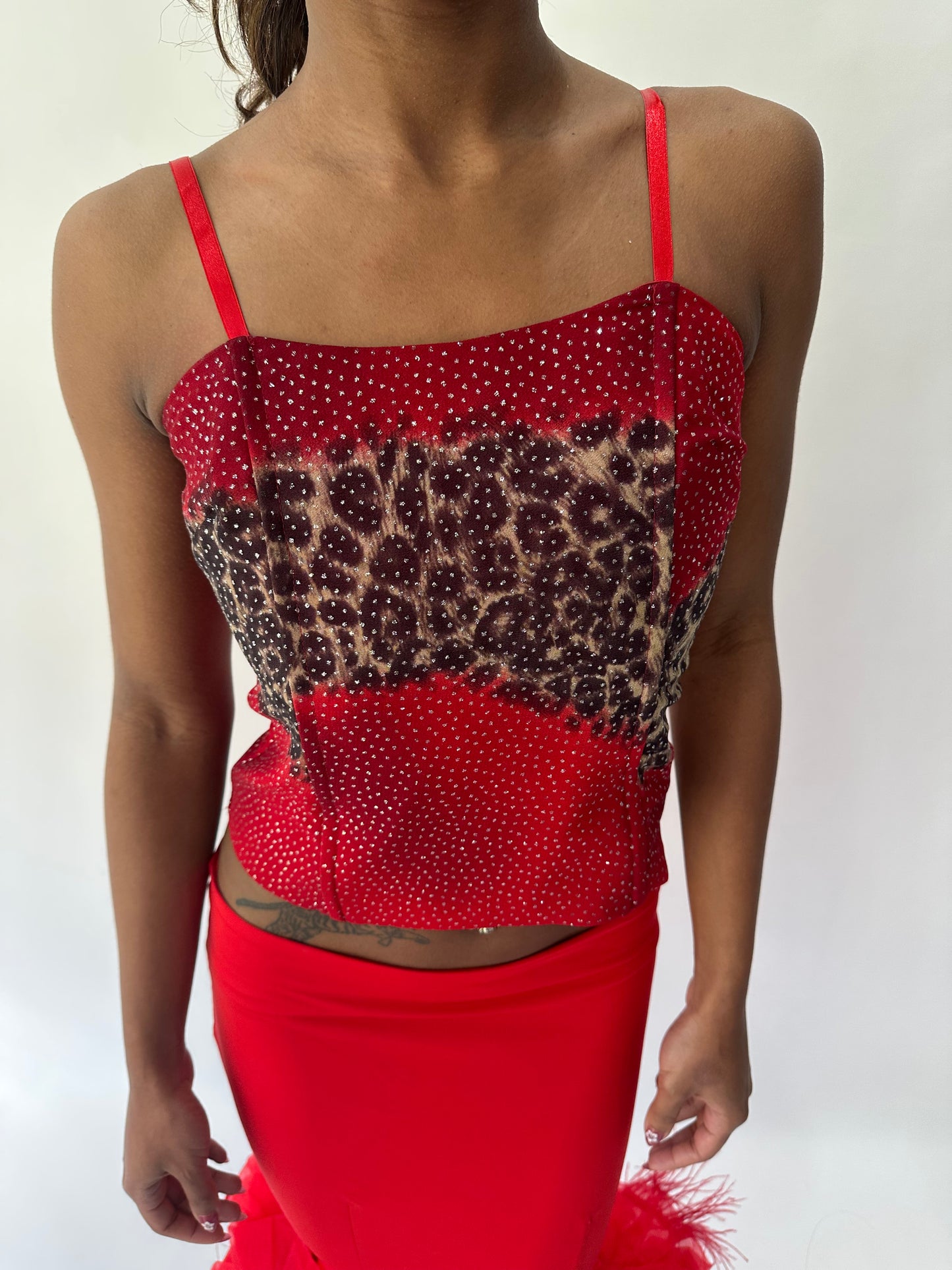 devil wears prada | extra small red leopard detail corset top