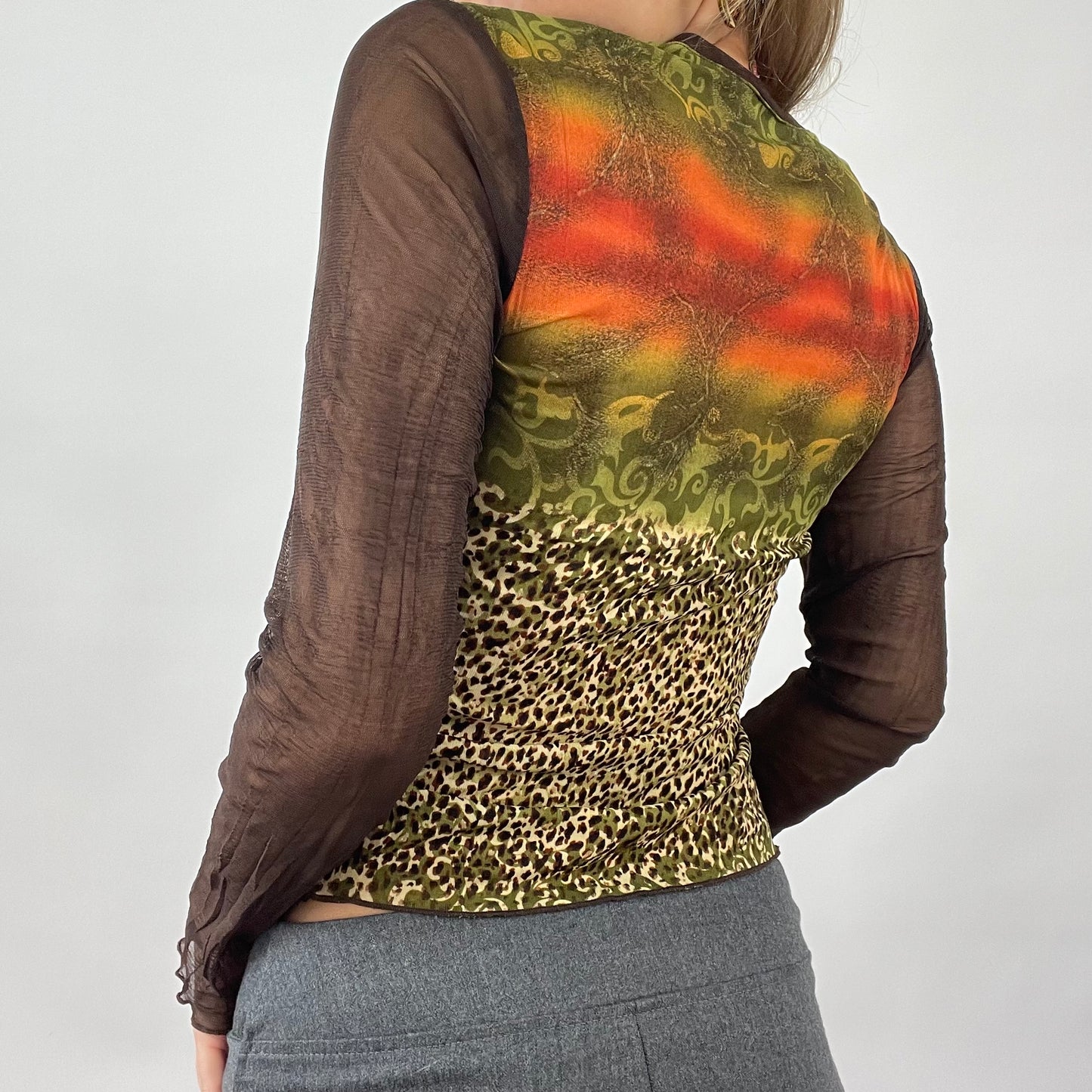 90s MINIMALISM DROP | small brown and green animal print mesh top