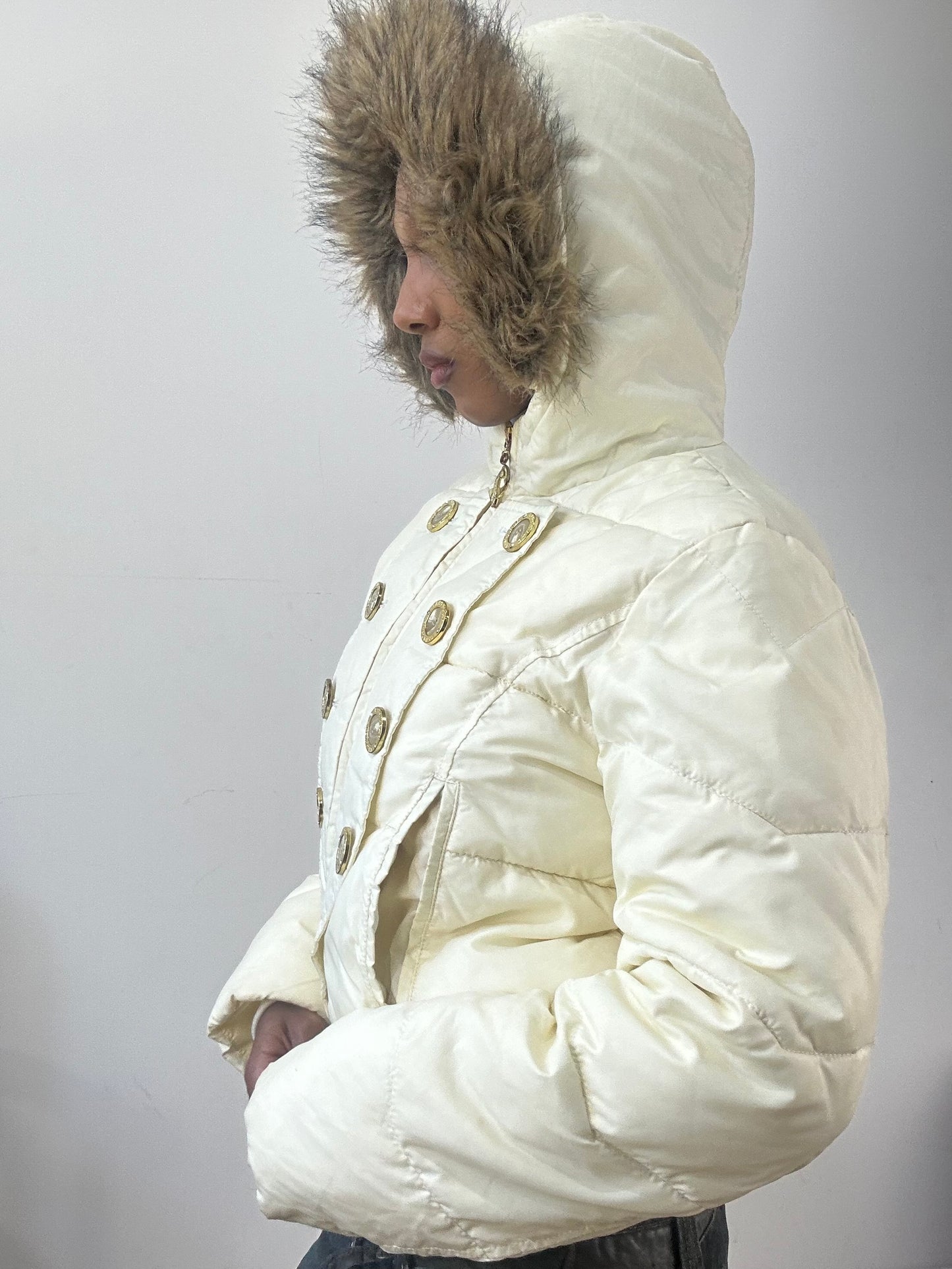 AUTUMN EDIT | small cream baby phat puffer jacket with gold button detail