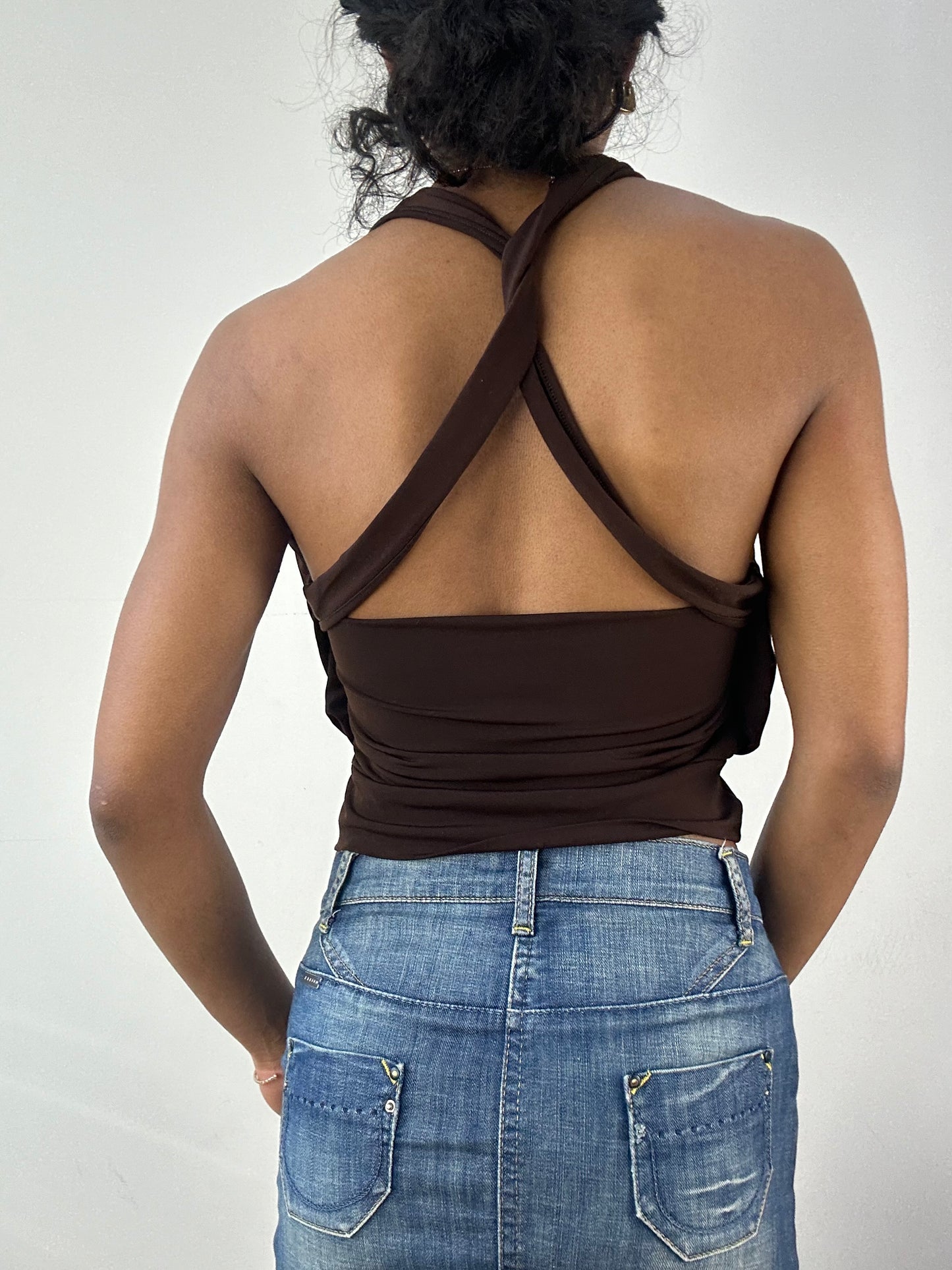 vintage edit: tops | small brown halterneck top with crossback detail and sequins