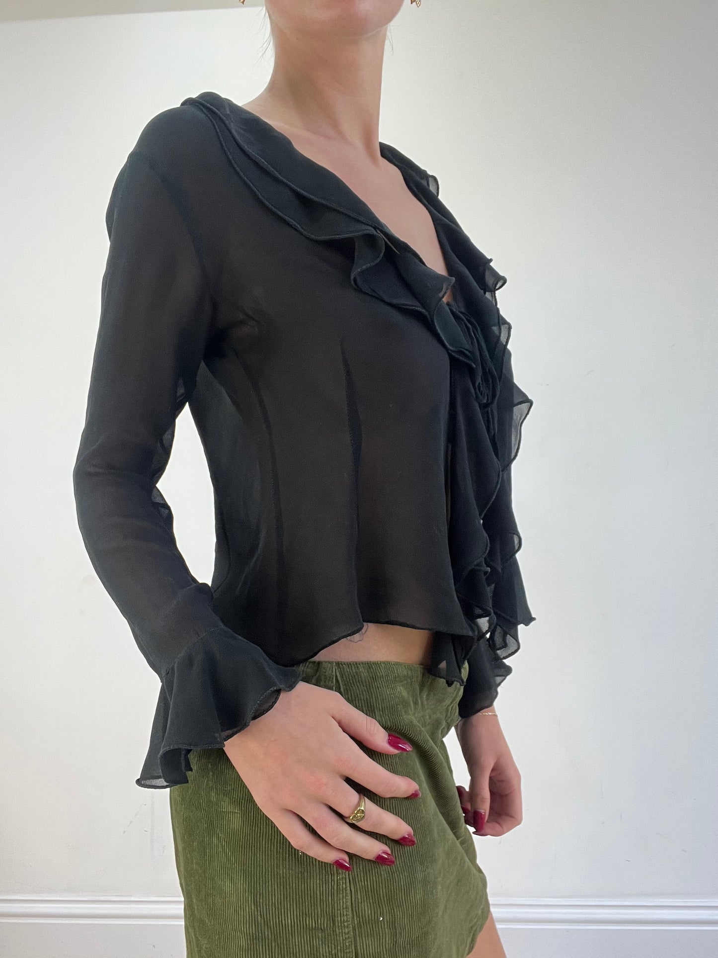vintage edit sixteen | small black semi sheer ruffle shirt