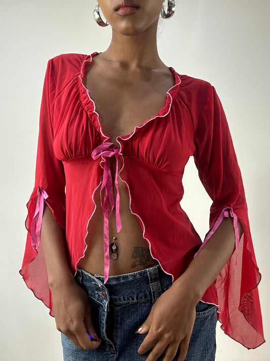 LFW edit | extra small red sheer tie up top with ribbon details