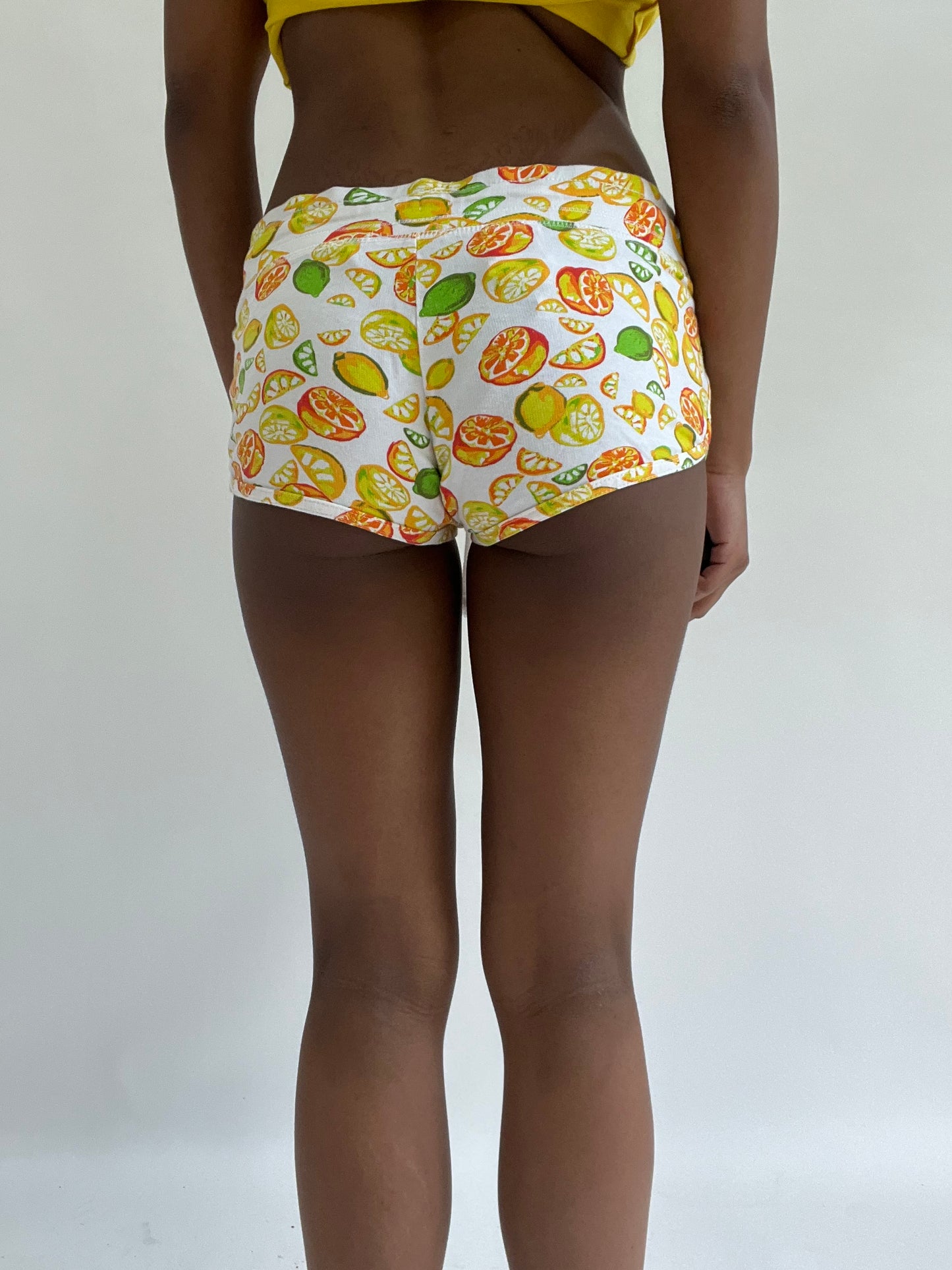 zara larsson drop | extra small white fruit print micro shorts