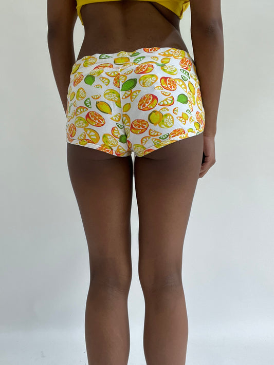 zara larsson drop | extra small white fruit print micro shorts