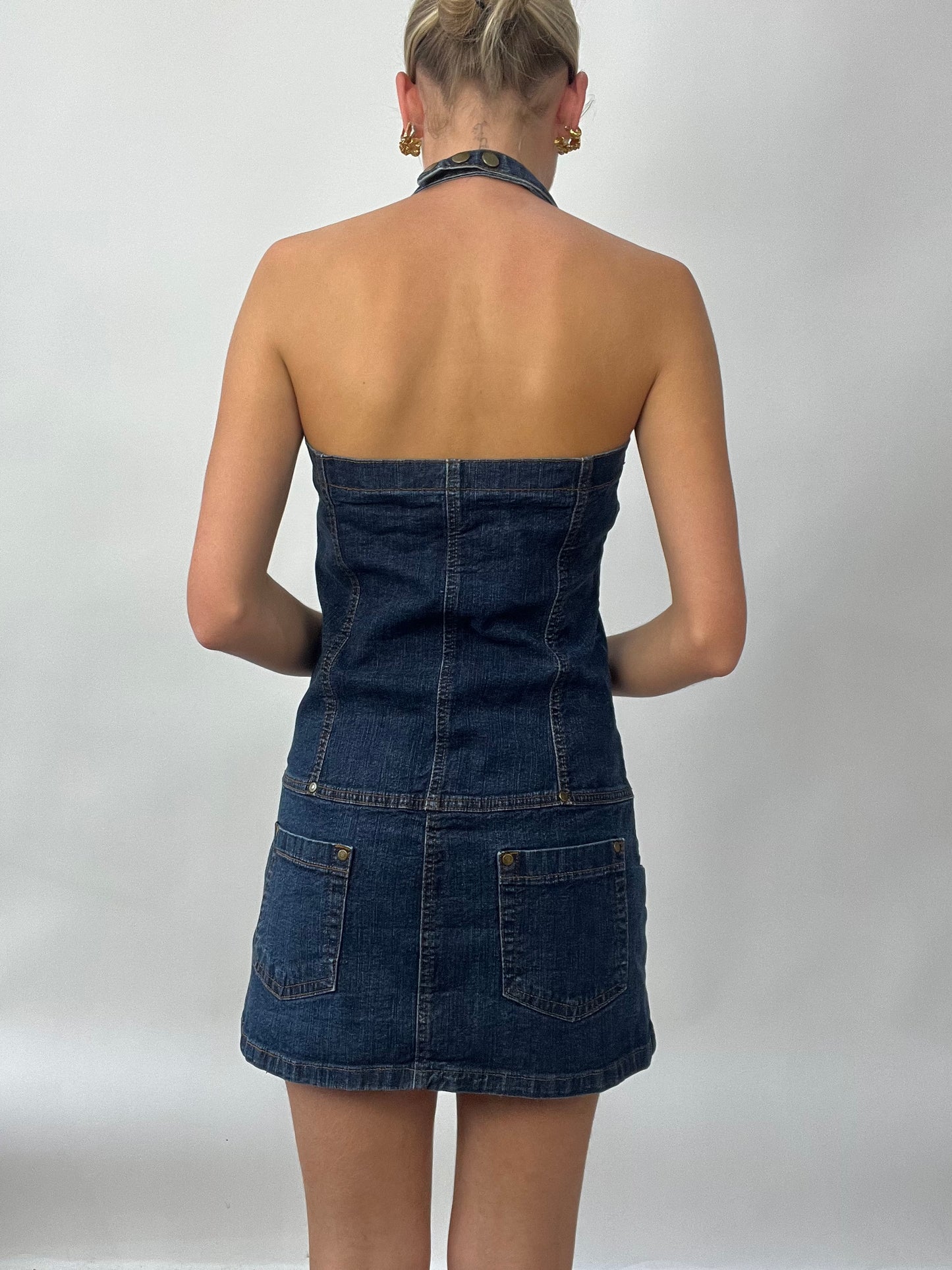 BRAT GIRL SUMMER DROP | small dark wash denim halterneck dress