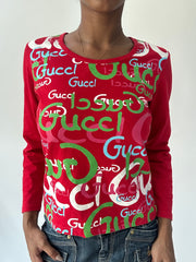 summermaxxing drop | small red gucci logo print long sleeve top
