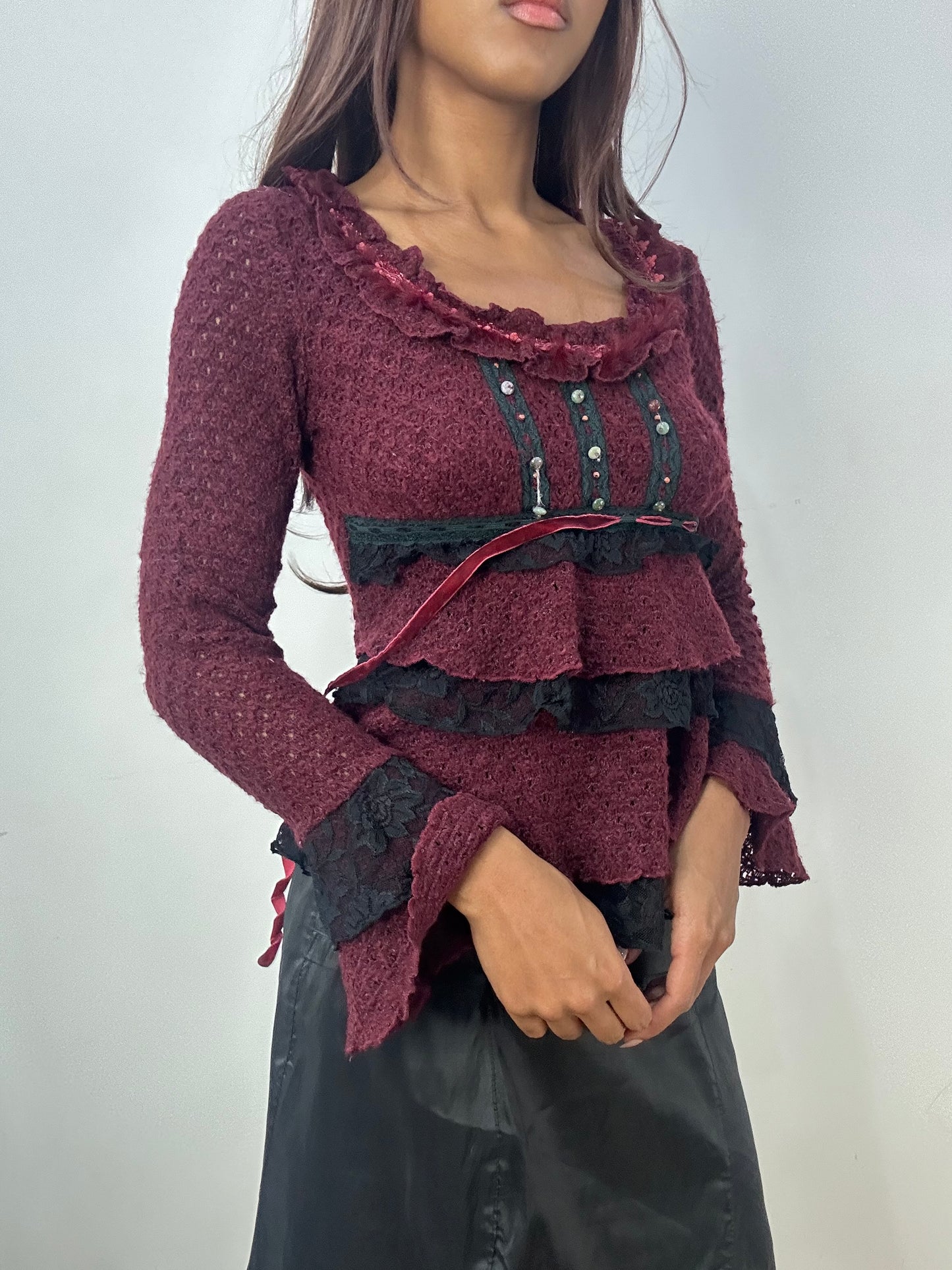 BEST PICKS | small burgundy knit top with rhinestone details