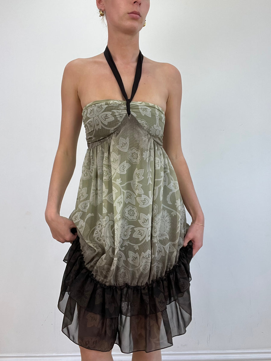 💻💚vintage edit twenty | small khaki and brown halterneck floral dress