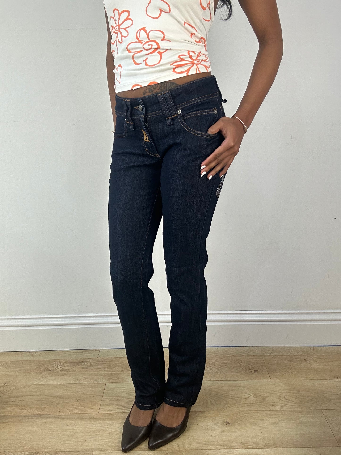 vintage edit eighteen | small blue denim galliano jeans with diamanté lettering