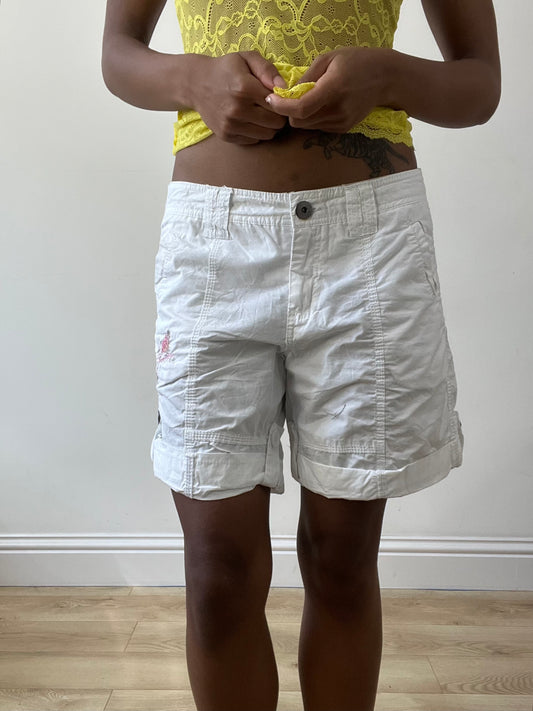 BEST PICKS | small white cargo shorts with pink floral embroidery detail