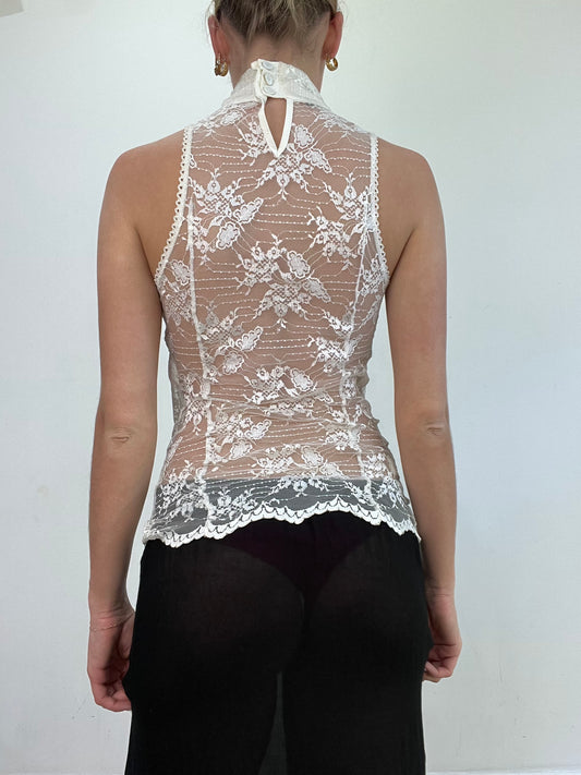 vintage edit: wedding guest | small white lace high neck top with ruffle detail