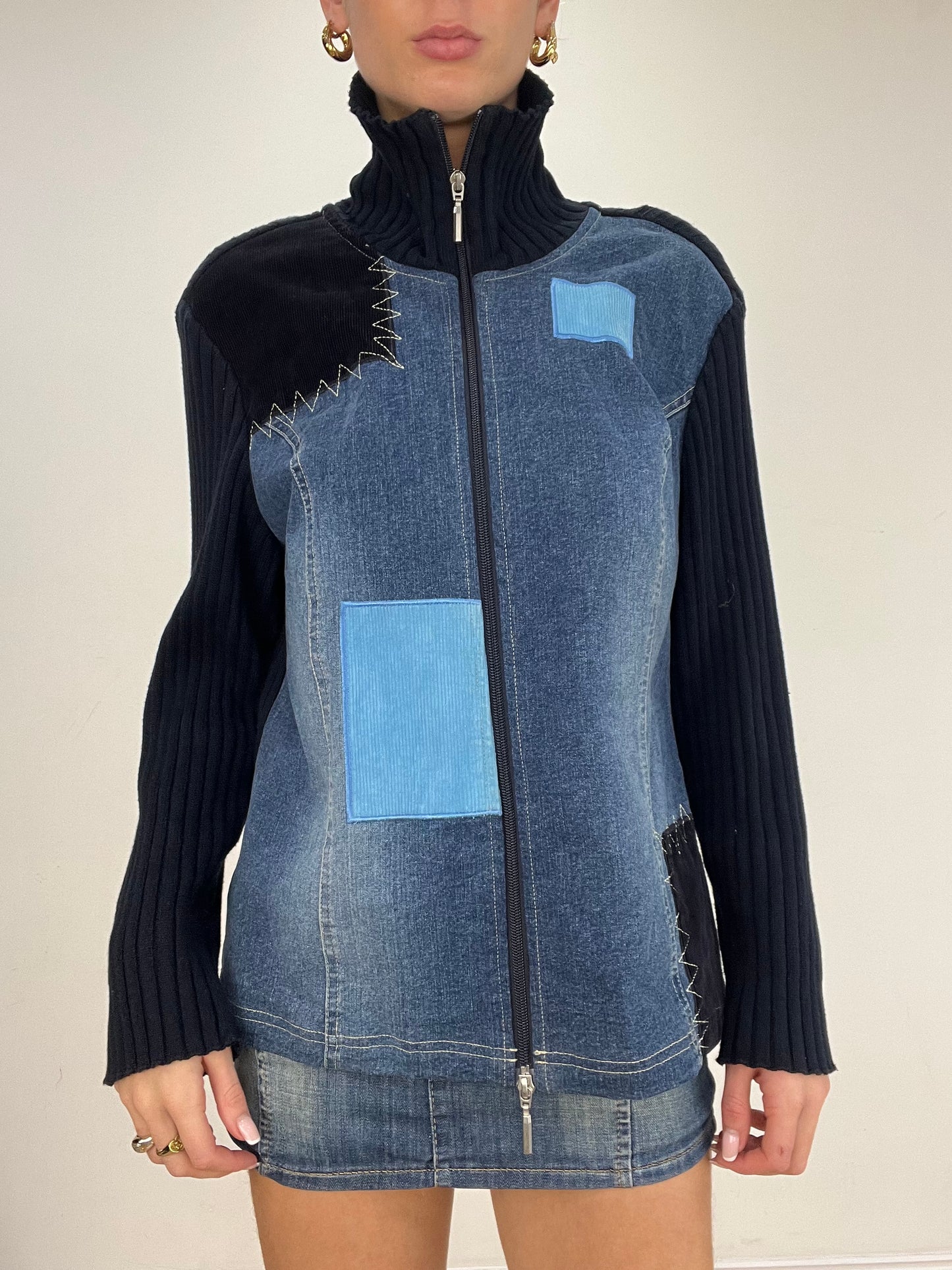 💻 vintage edit five | medium blue denim patchwork dual zip jumper