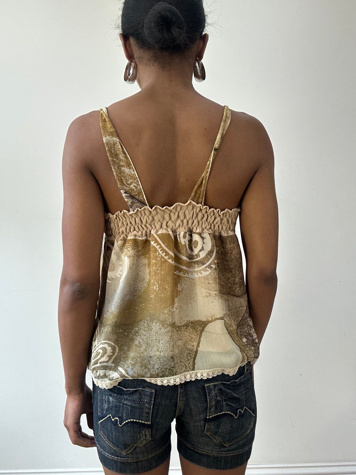 vintage edit thirty-one | medium brown and beige mesh overlay cami top