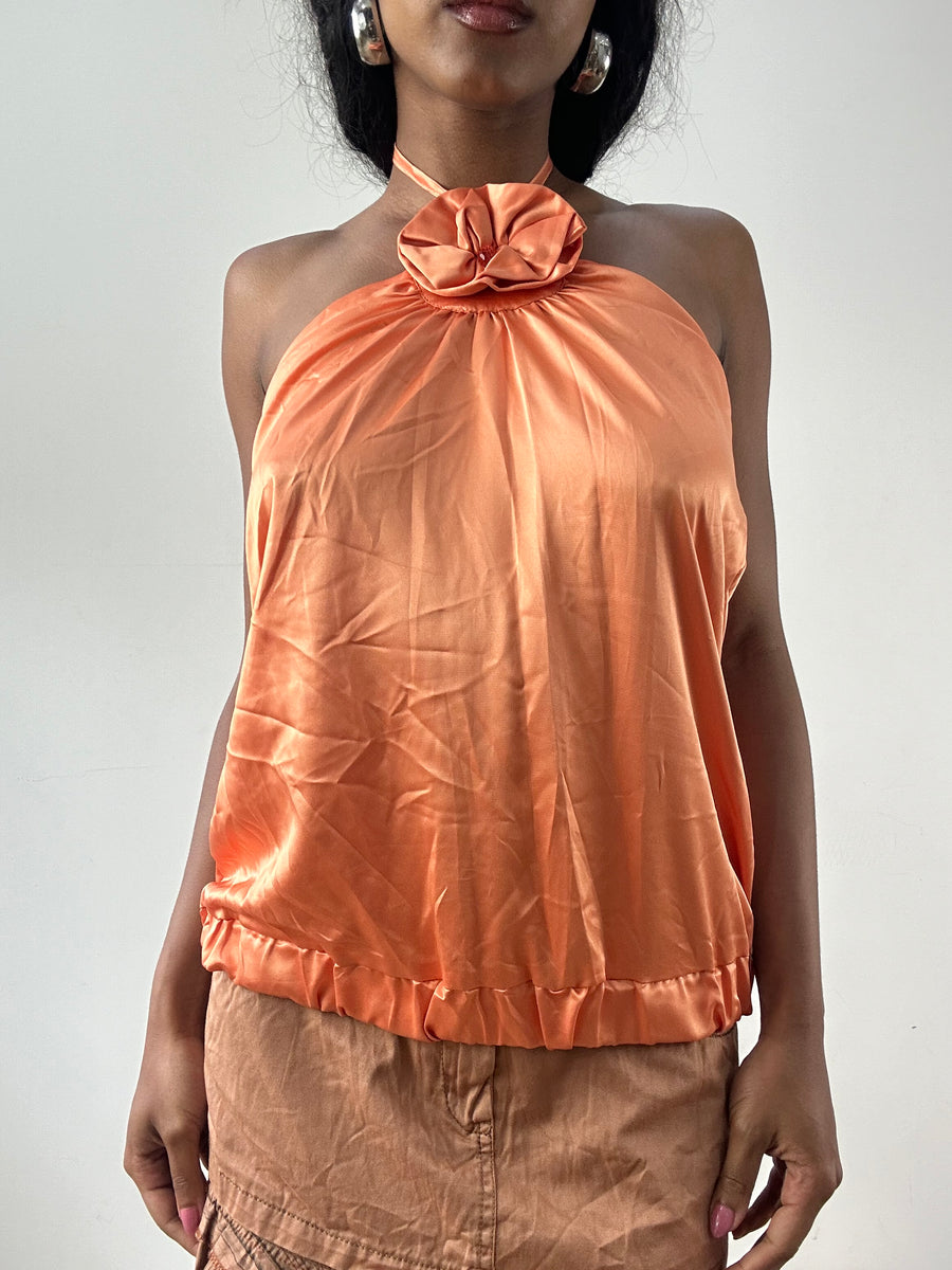 vintage edit: festival | medium orange halterneck top with 3D floral detail