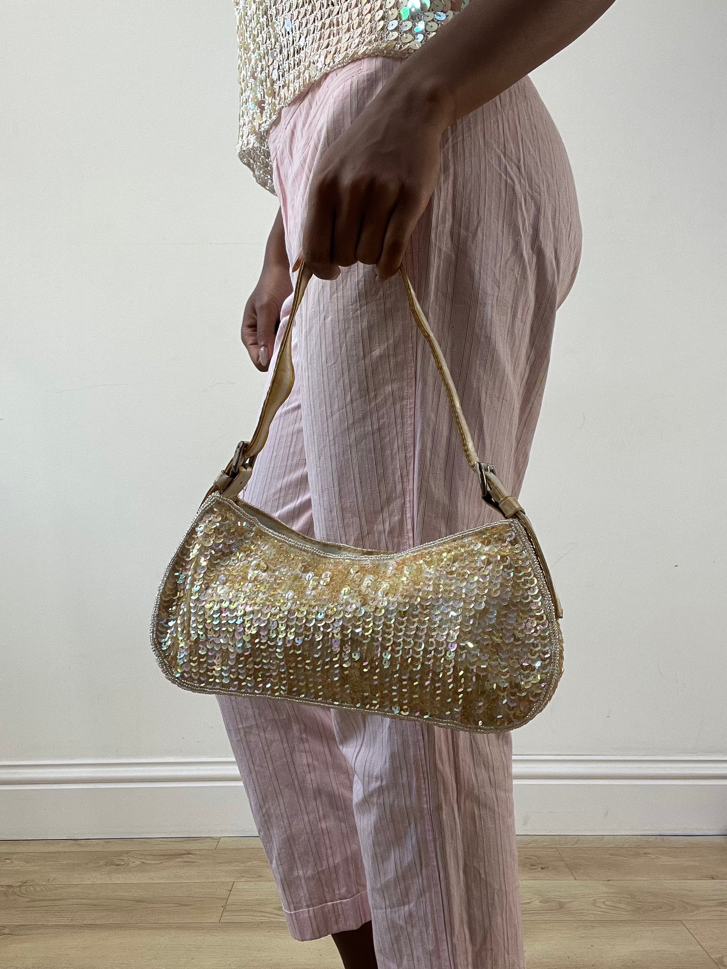 BEST PICKS | yellow mini shoulder bag with iridescent sequins throughout
