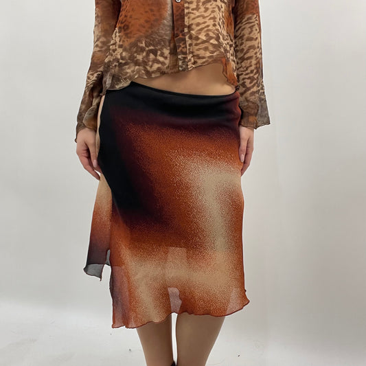 MOB WIFE DROP | small orange patterned asymmetric midi skirt
