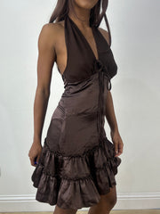 BEST PICKS | extra small brown satin style halterneck mini dress