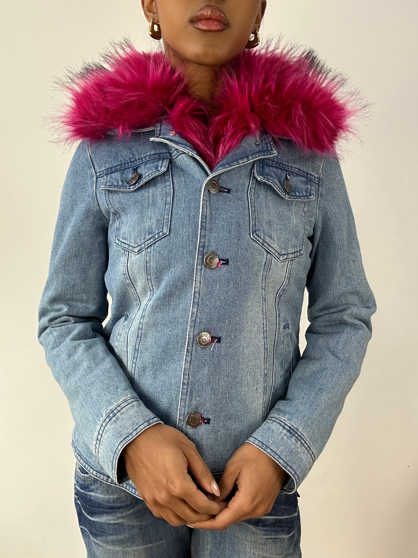 vintage edit fifteen | small denim blue and pink faux fur jacket