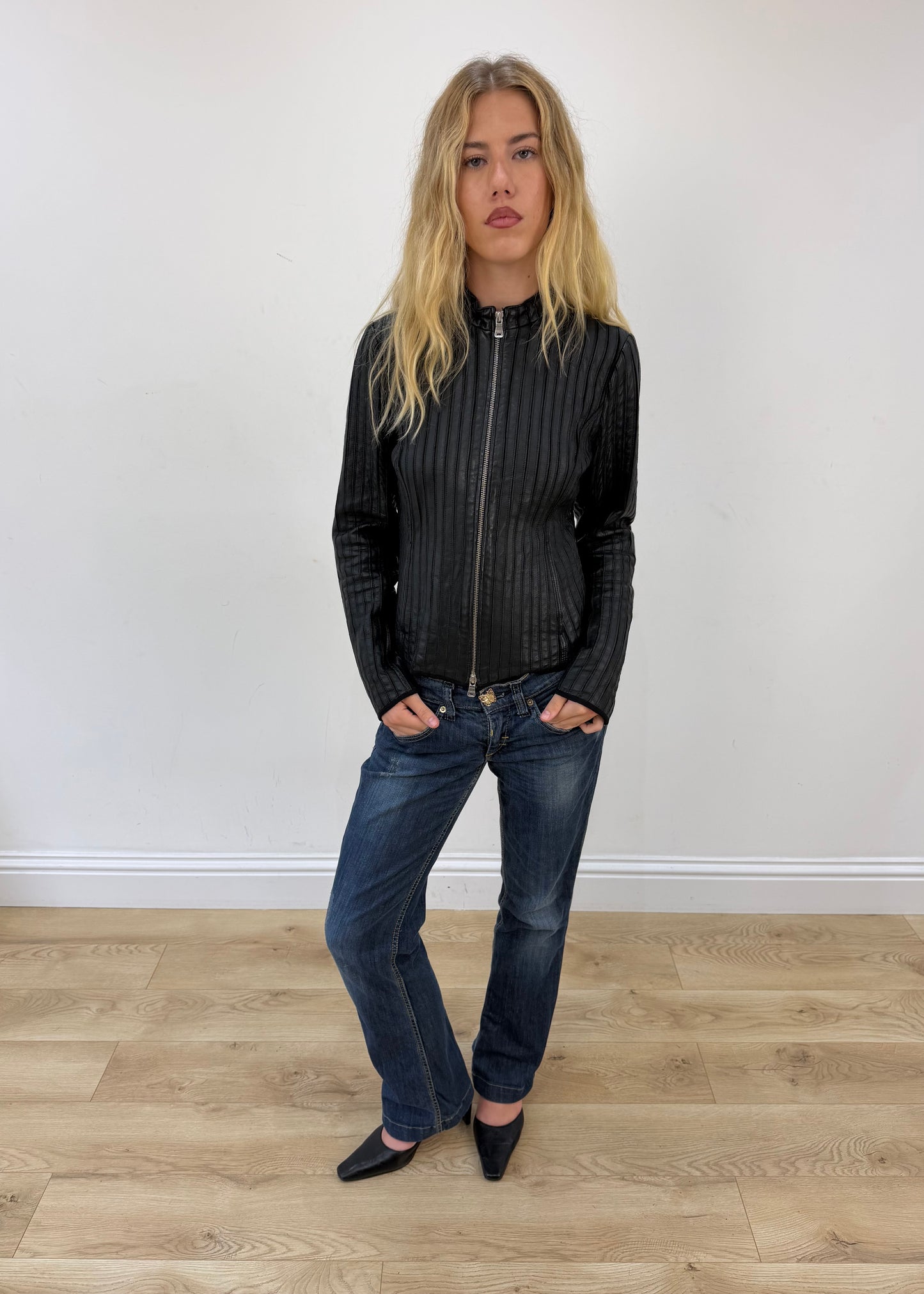 small black leather dual zip jacket