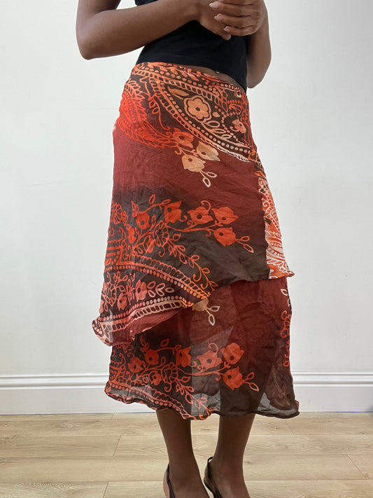 BEST PICKS | medium red mesh overlay midi skirt with floral print