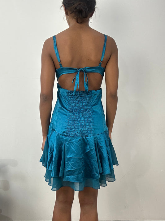 BEST PICKS | medium blue satin style midi dress with ruching details