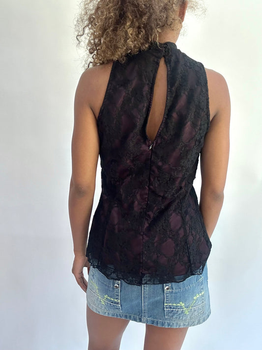 wag drop | small black lace overlay high neck top