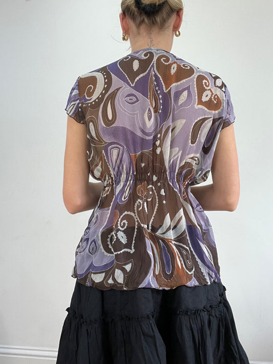 BEST PICKS | medium brown and purple paisley print semi sheer top