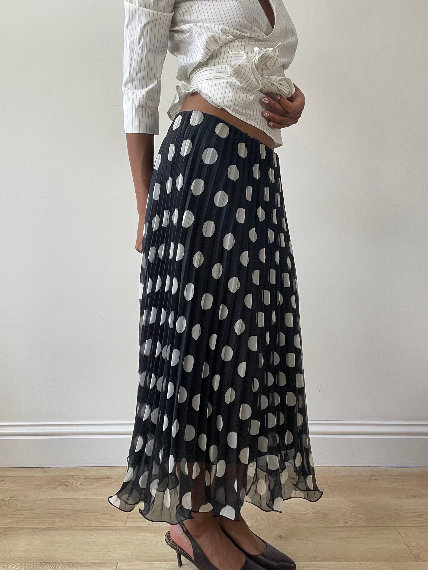 vintage edit twenty-seven | small black polka dot mesh overlay pleated maxi skirt