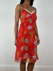 💚 vintage edit eighteen | medium orange floral midi dress with lace hem