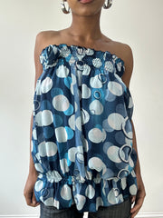 💚Vintage edit treinta y uno | pequeño top bandeau azul y blanco con estampado circular