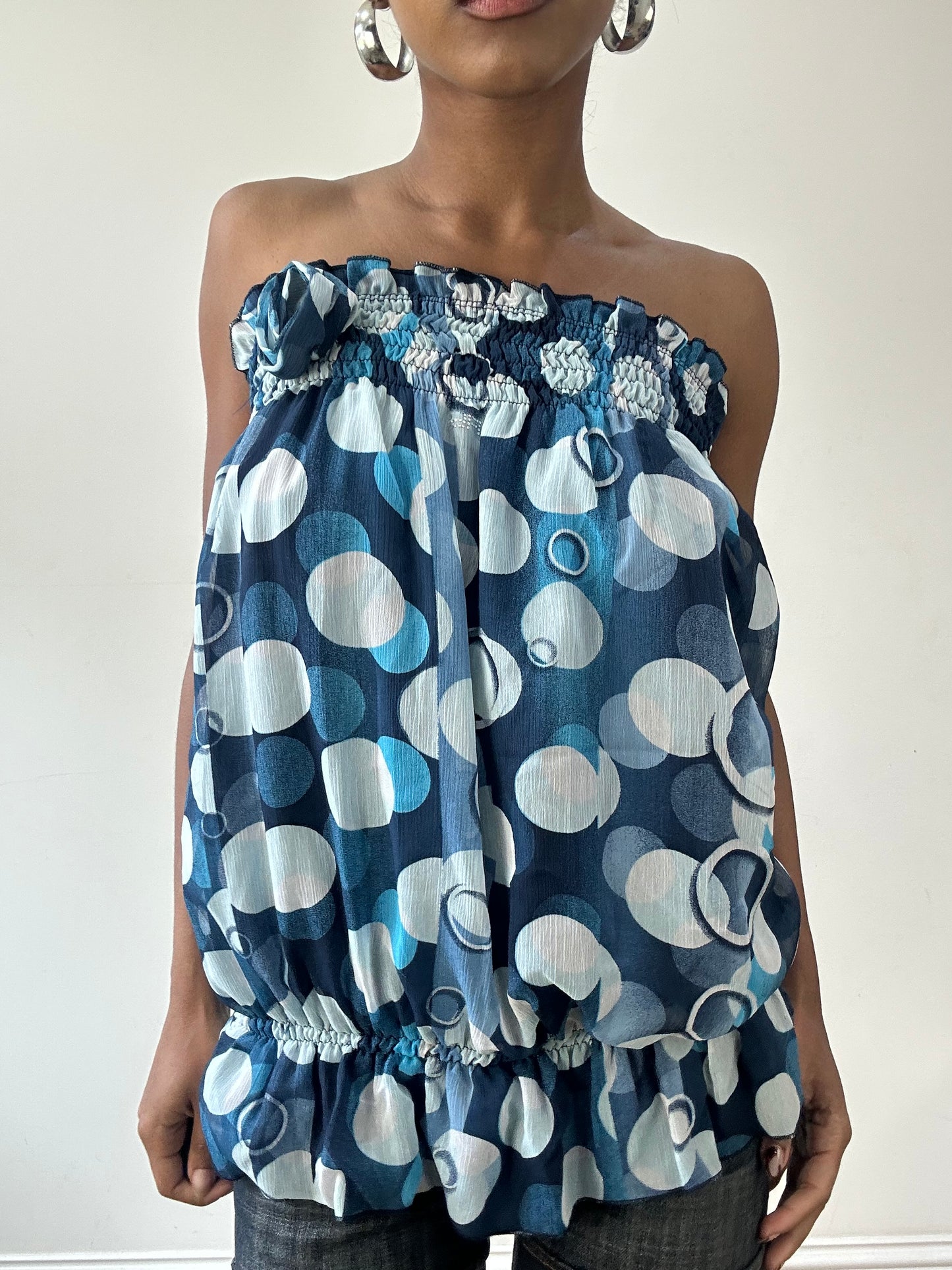 vintage edit thirty-one | small blue and white bandeau top with circle print