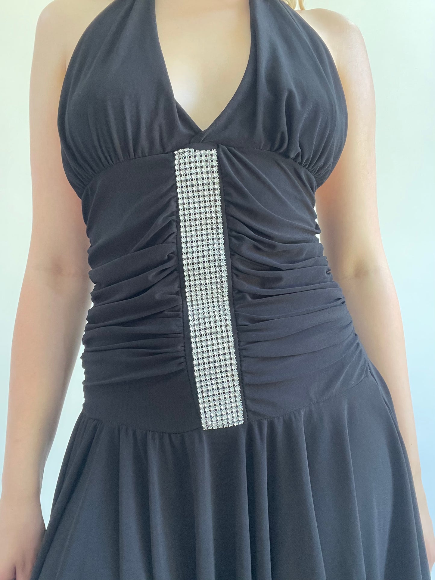 Y2K| medium black mini dress with gem details