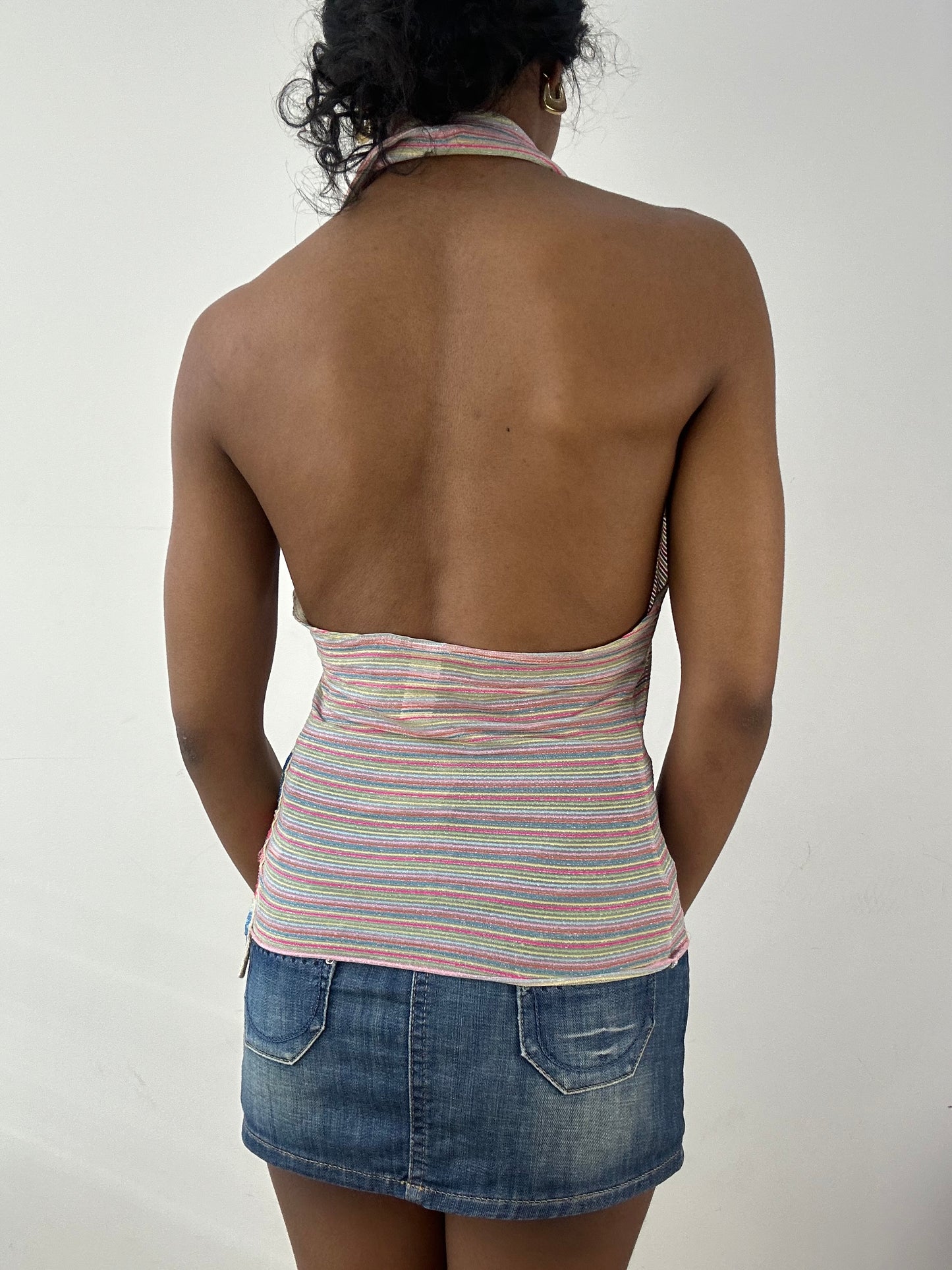 vintage edit: tops | medium pink miss sixty glittery striped halterneck top with beaded butterfly