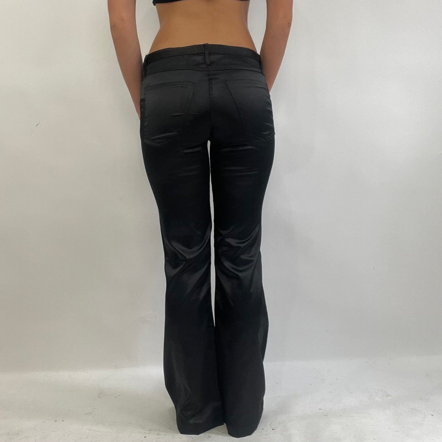 ADDISON RAE DROP | xs black satin flared trousers