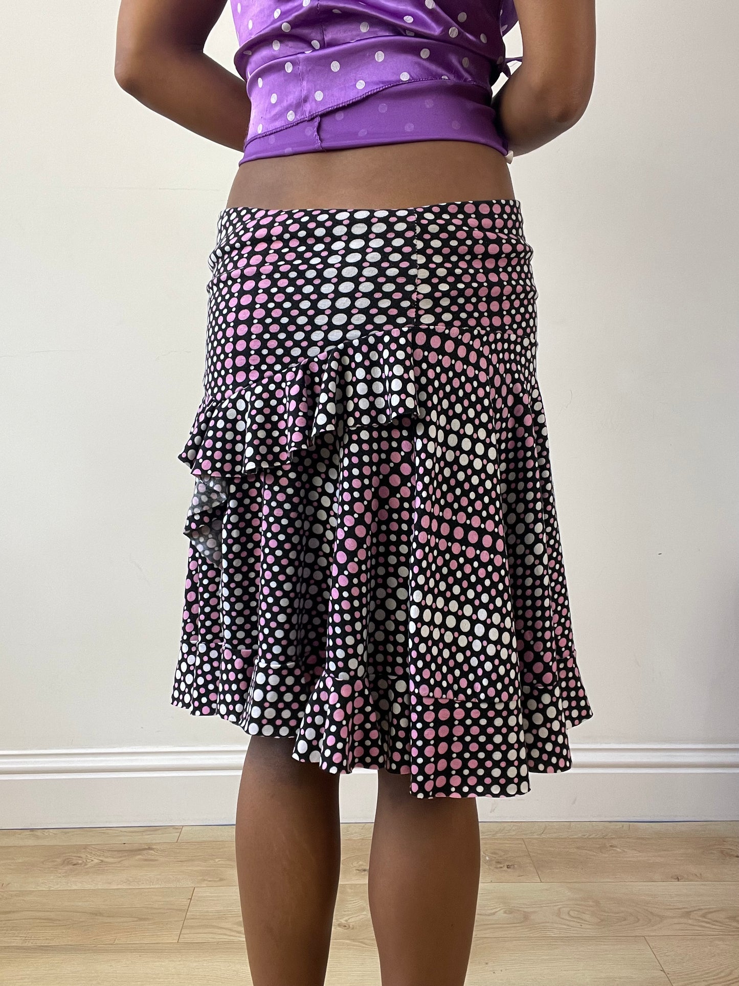 vintage edit twenty-seven | small black and pink ruffle polka dot midi skirt