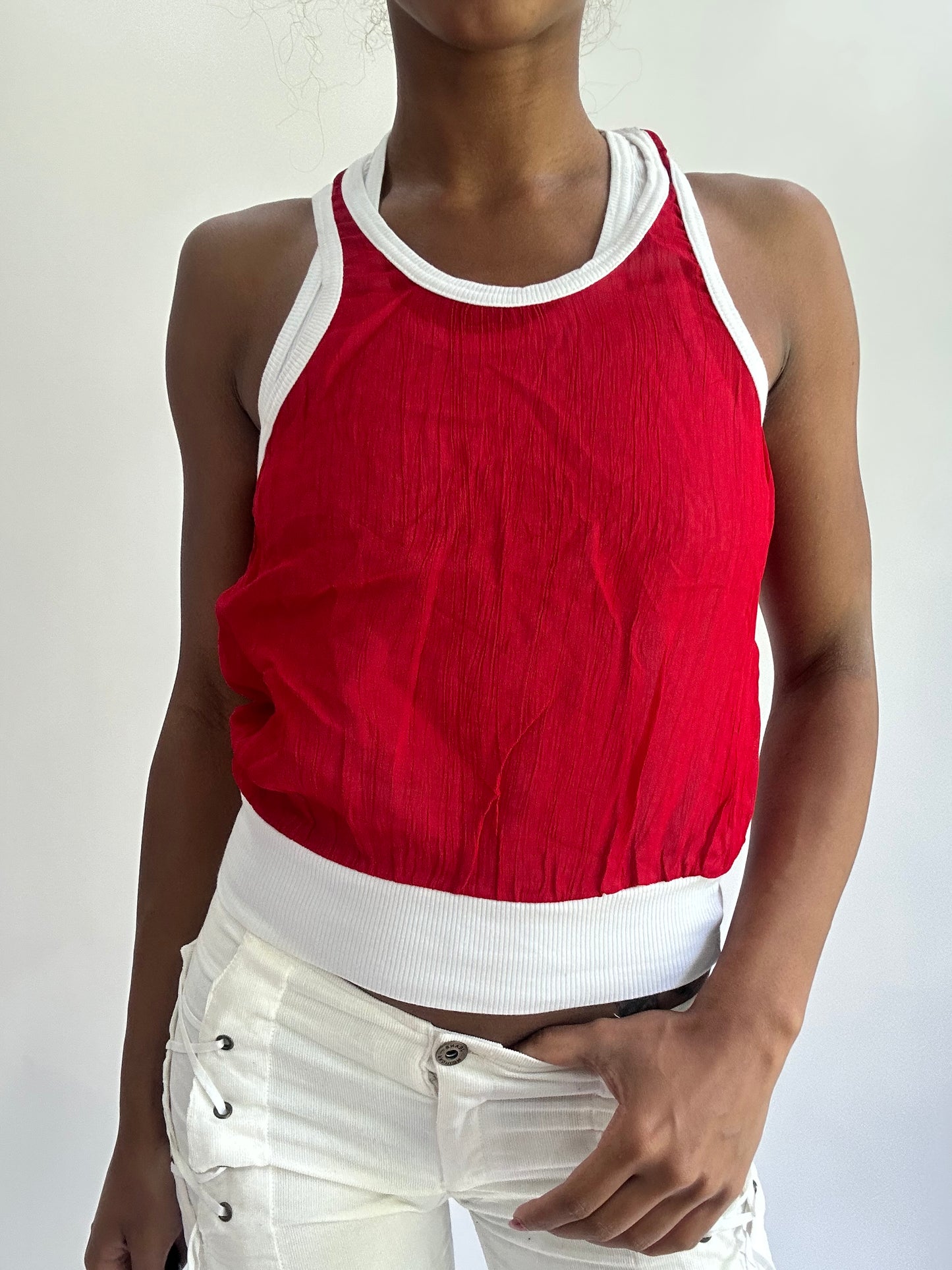 olivia rodrigo drop | small red and white layered tank top