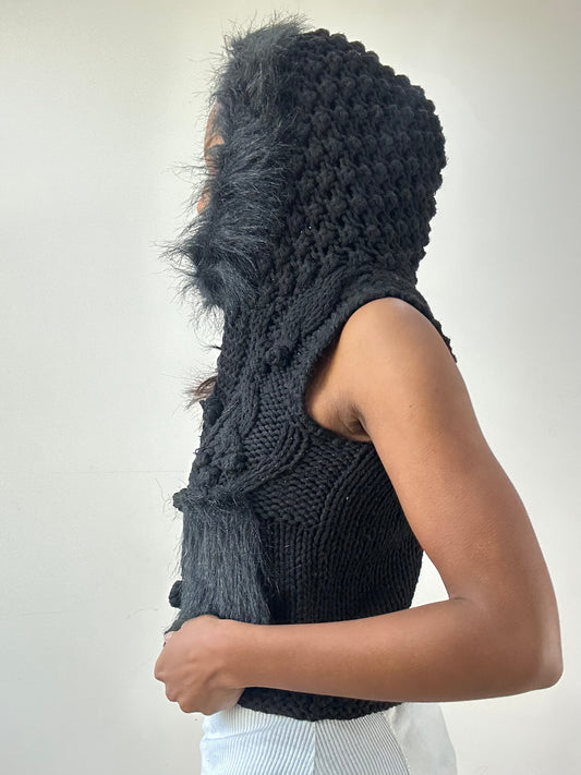 BEST PICKS | small black knit crochet hooded gilet
