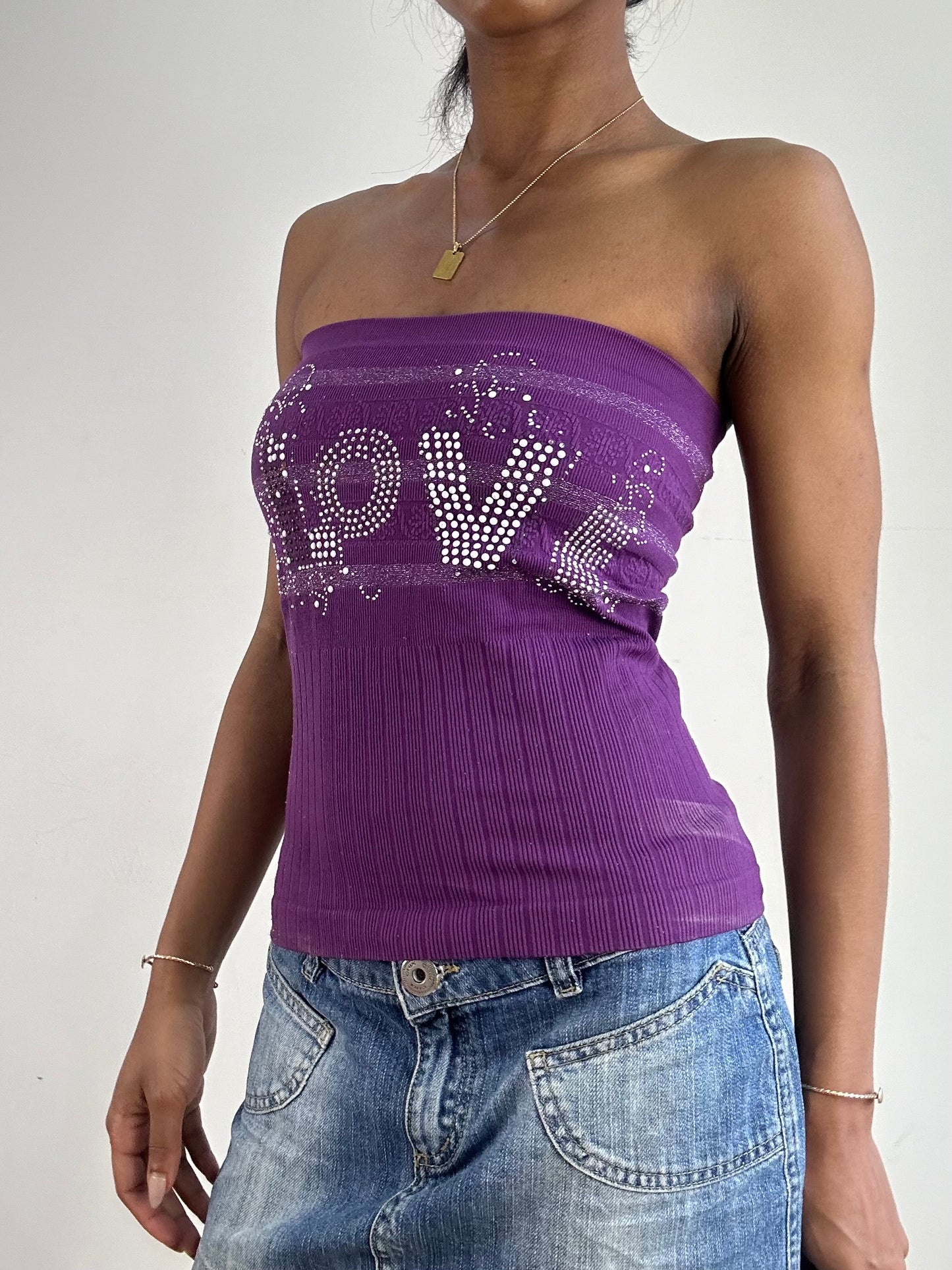 vintage edit twenty-one | small purple ‘love’ diamanté bandeau top