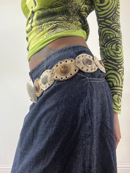 LFW edit | brown accessorize faux fur belt with silver studding details