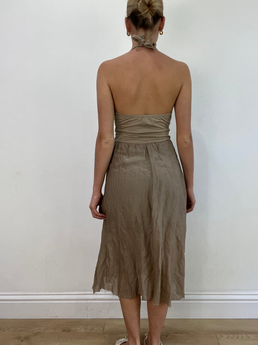 vintage edit: wedding guest | small beige halter neck midi dress with neck tie