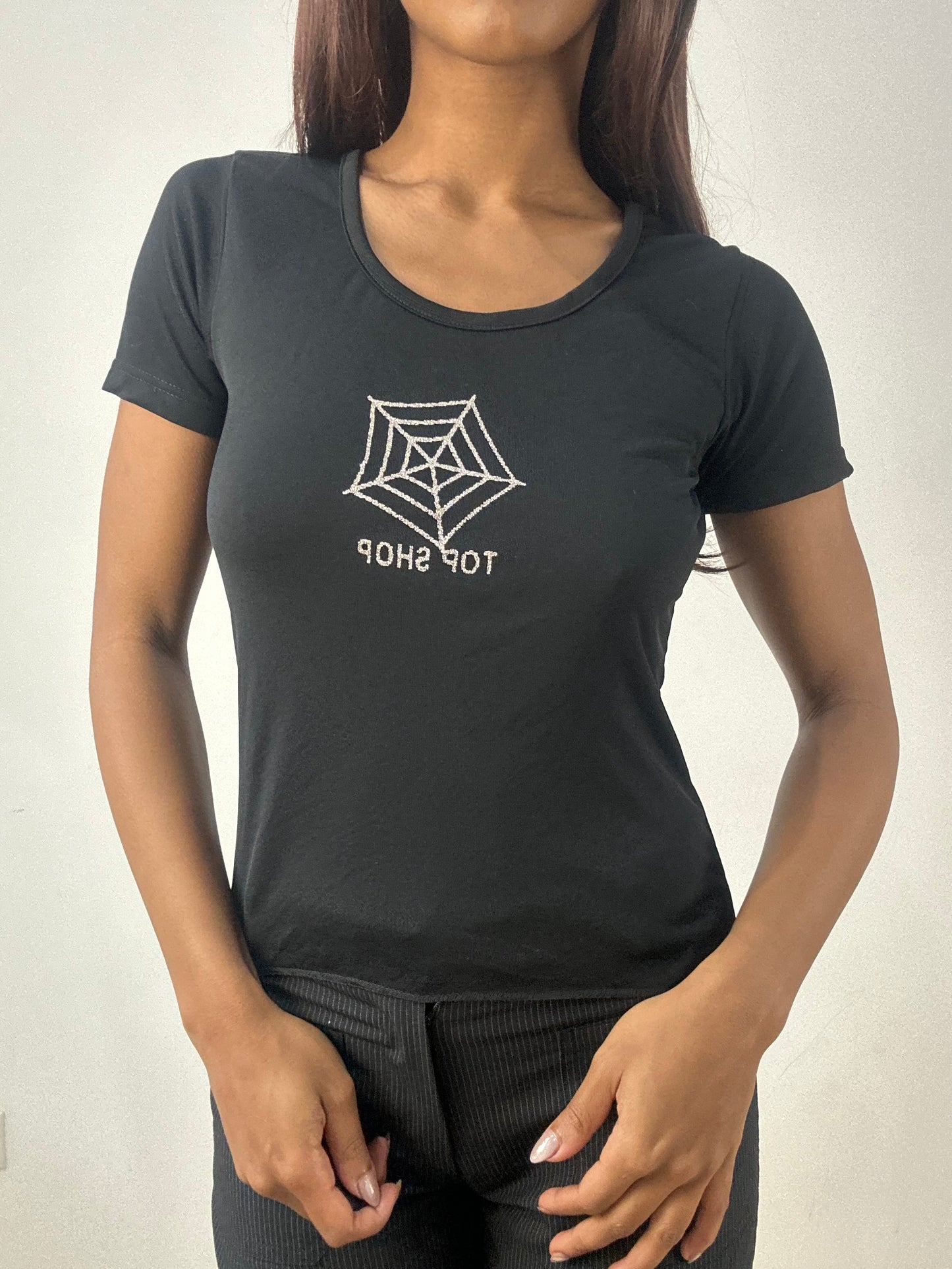 ‼️💻 small black topshop tshirt with silver glitter spiderweb graphic